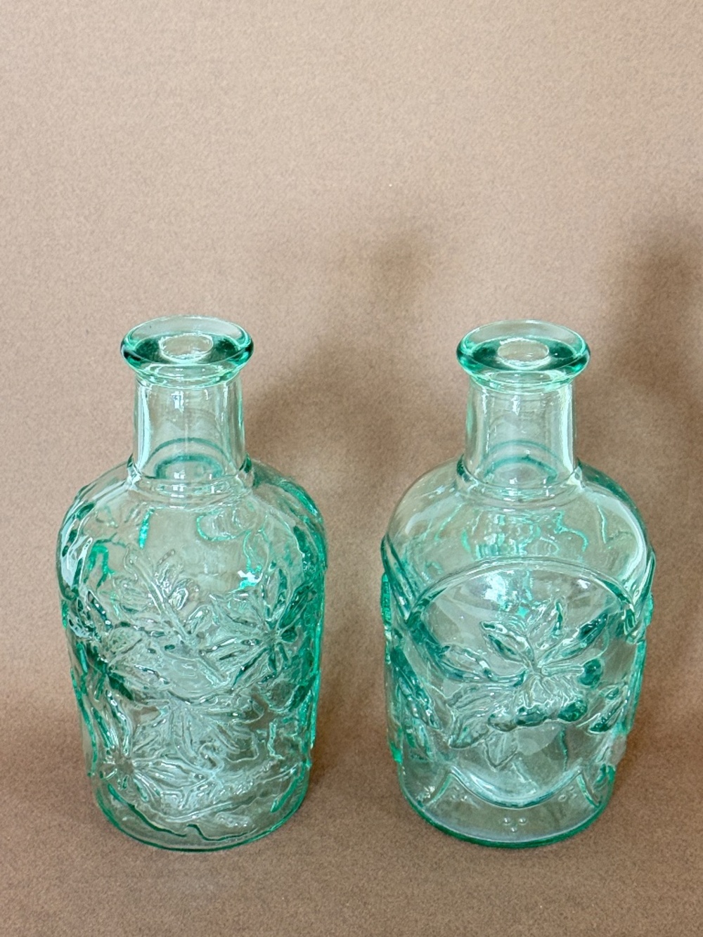 VINTAGE PAIR LIBBEY of CANADA Pressed Green Glass Decanter Bottles